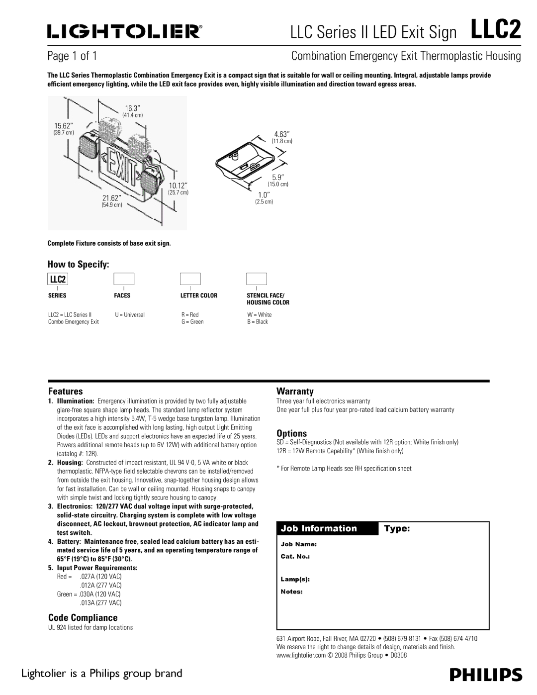 Lightolier warranty LLC Series II LED Exit Sign LLC2, Combination Emergency Exit Thermoplastic Housing 